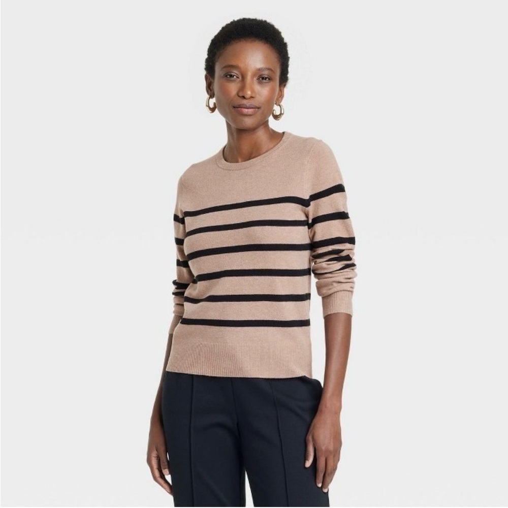 A New Day: Crewneck Pullover Sweater (camel/black stripe), Size S (Women’s)